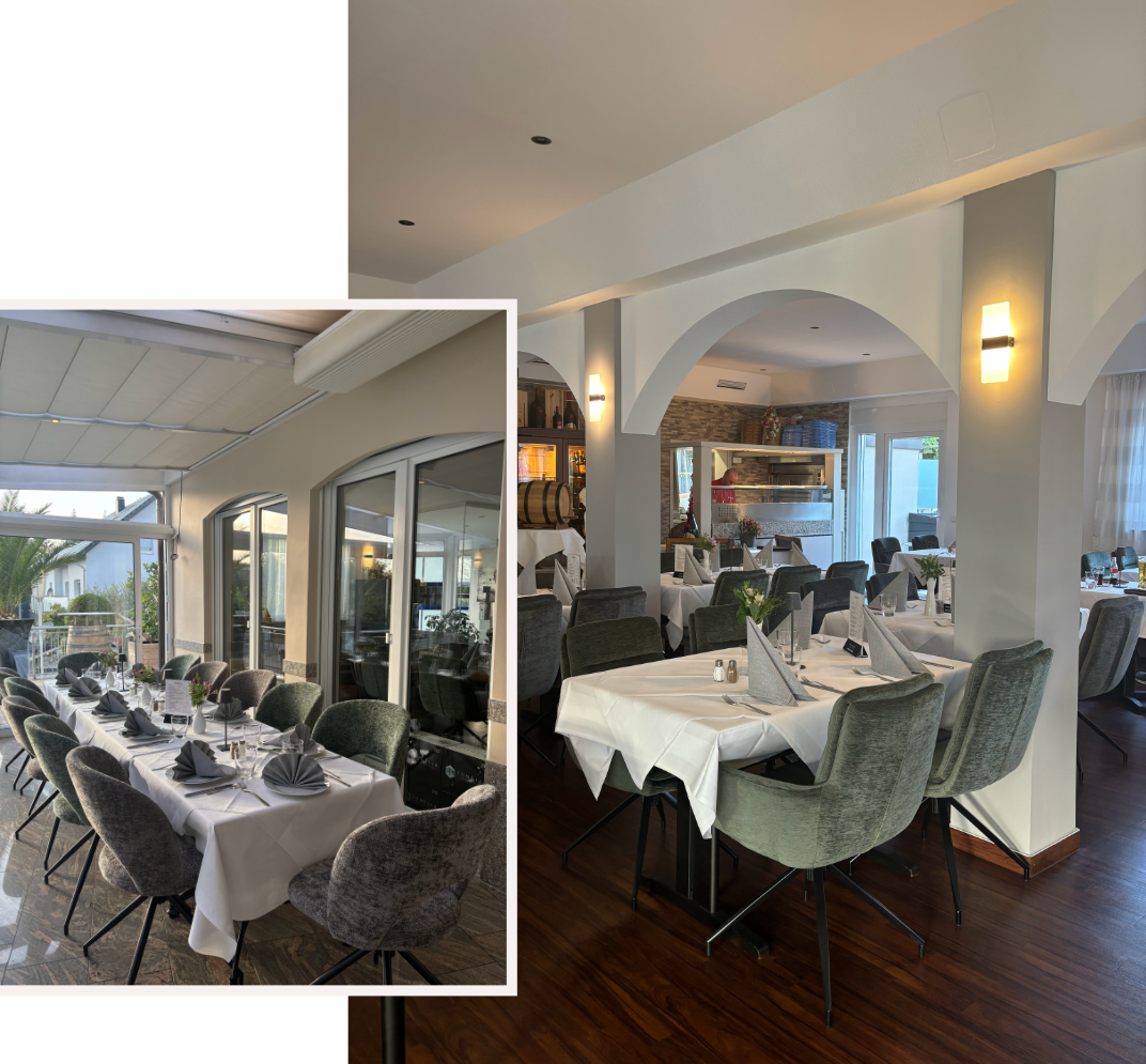 Sie sehen das Restaurant von Innen und den Außenbereich mit Windergarten.